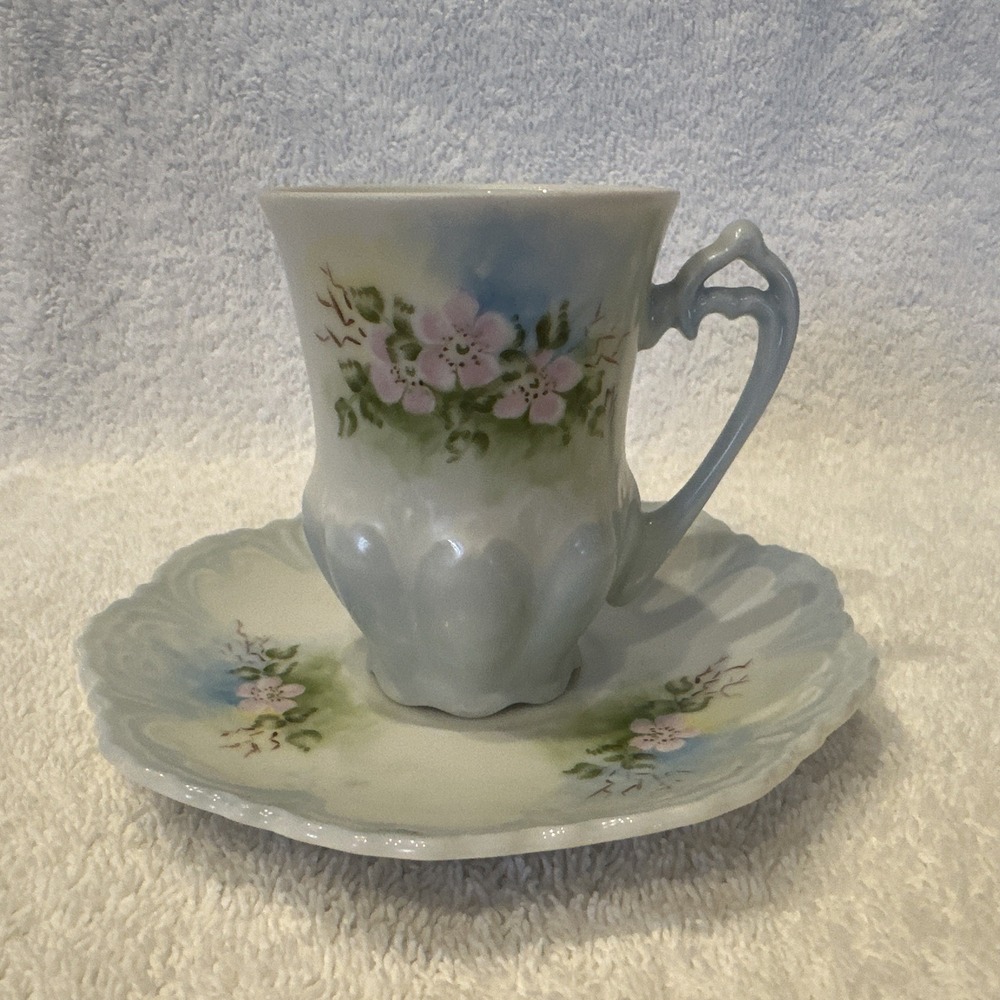 North Dakota Prairie Rose Tea Cup 3x2.25" and Scalloped Saucer 5" Hand Painted